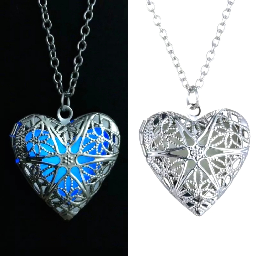 New Glow in the Dark Steel Chain Puff Heart Shape Locket Necklace Pendant